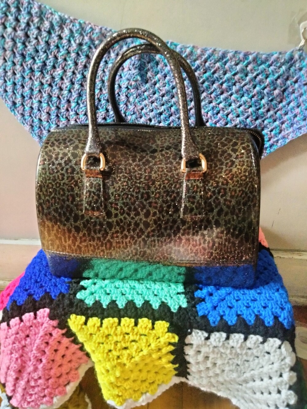 Black Glitter Leopard-Print Patent Satchel Handbag